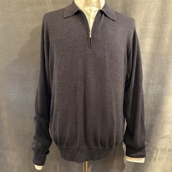 New Henry Jacobson size Lg indigo silk/cotton long sleeve quarter-zip polo